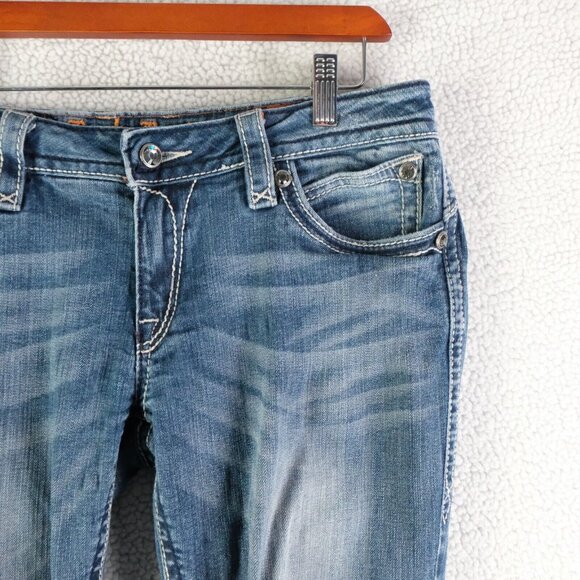 Rock Revival Jeans Mens 31x32  Straight Blue Stone Wash Whiskers Rhinestones - Picture 2 of 13